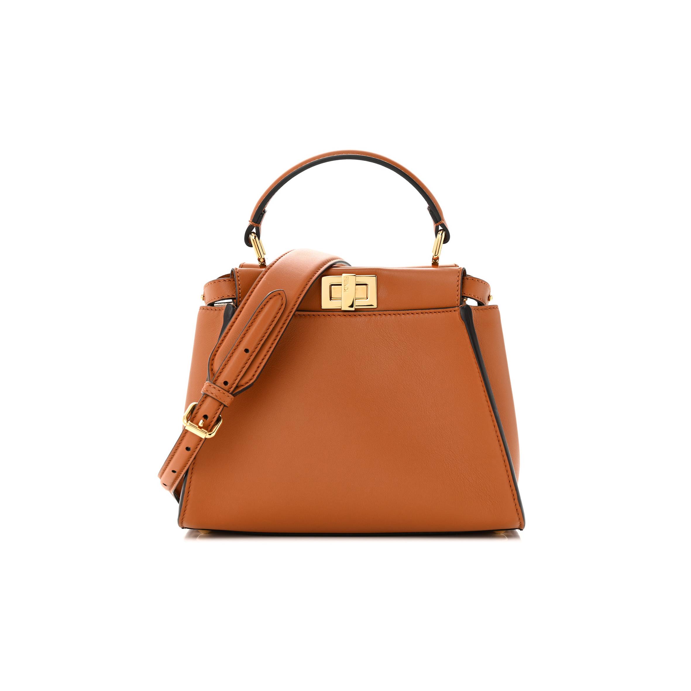 FENDI VITELLO SETA CANVAS FF EMBROIDERED MINI PEEKABOO ICONIC SATCHEL BRANDY GREZZO (23*18*11cm)