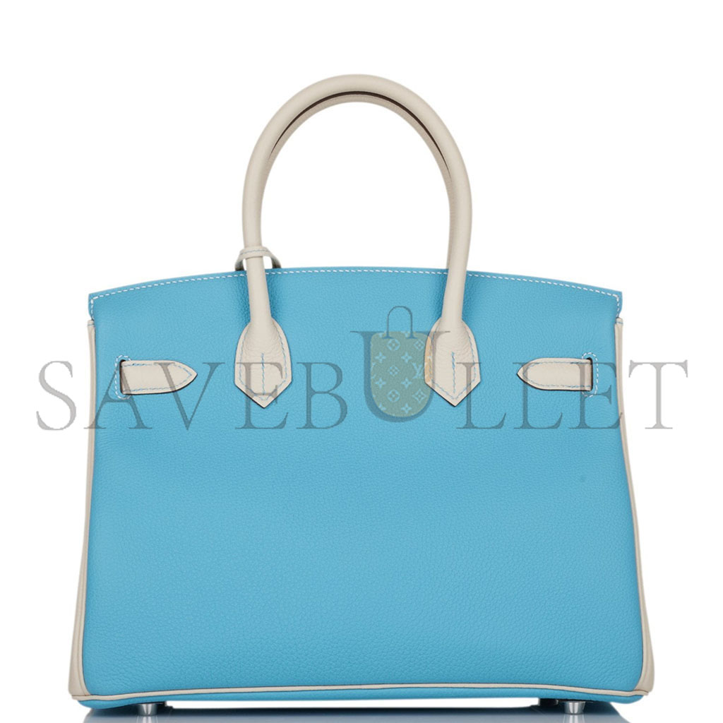 HERMES MASTER BIRKIN 25 TOGO LEATHER NORTHERN BLUE AND MILKSHAKE WHITE SILVER BUCKLE HANDBAG 2161400178398 (25*20*13cm)