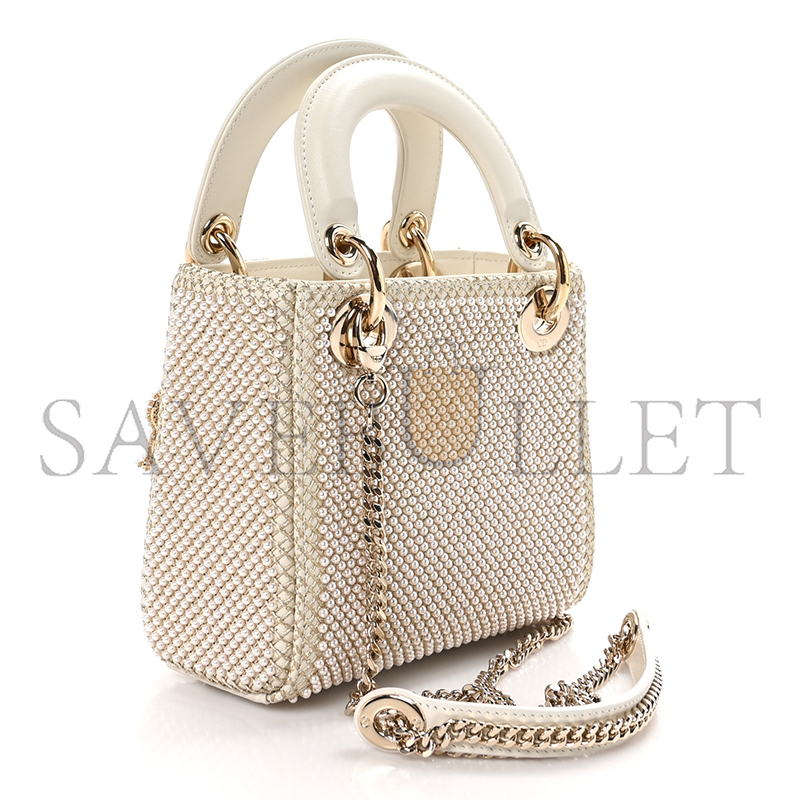 DIOR MINI LADY DIOR BAG LATTE CALFSKIN EMBROIDERED ENTIRELY WITH WHITE RESIN PEARLS (17*15*7cm) 