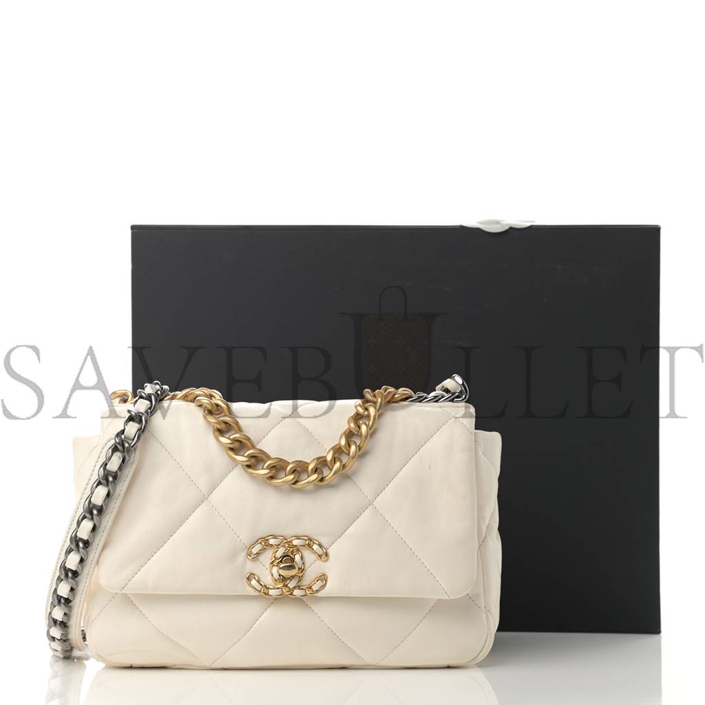 CHANEL GOATSKIN QUILTED MEDIUM CHANEL 19 FLAP WHITE GOLD HARDWARE (27*20*8cm)