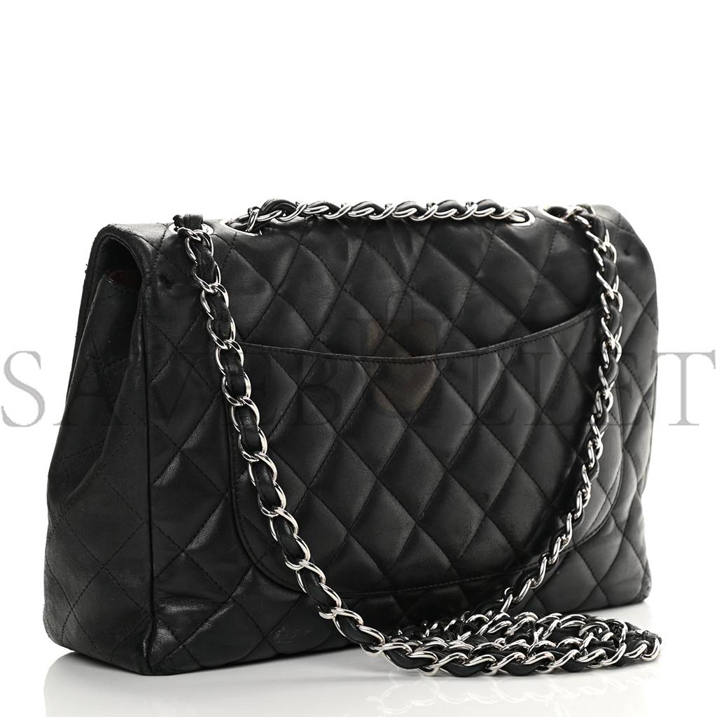 CHANEL LAMBSKIN QUILTED JUMBO SINGLE FLAP BLACK SILVER HARDWARE (30*20*9cm)