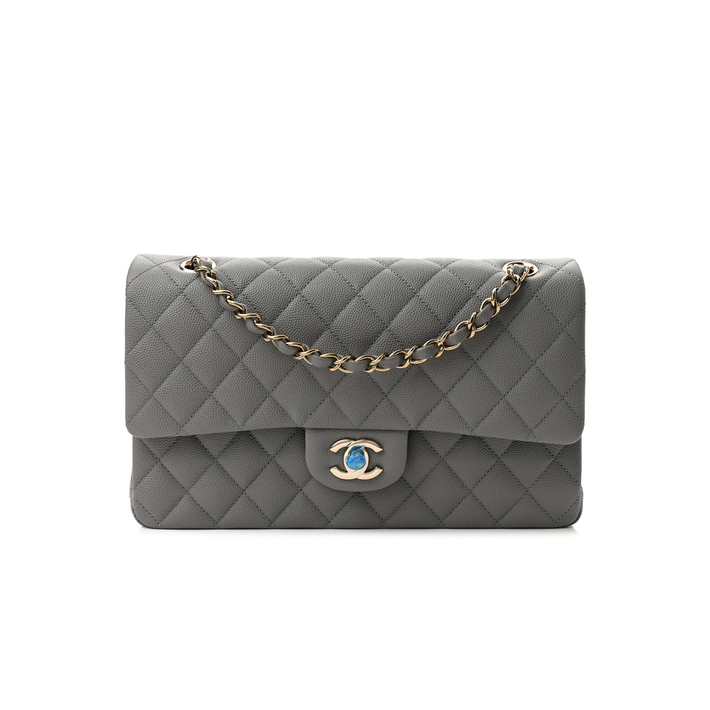 CHANEL CAVIAR QUILTED MEDIUM DOUBLE FLAP GREY ROSE GOLD HARDWARE (25*17*6cm)