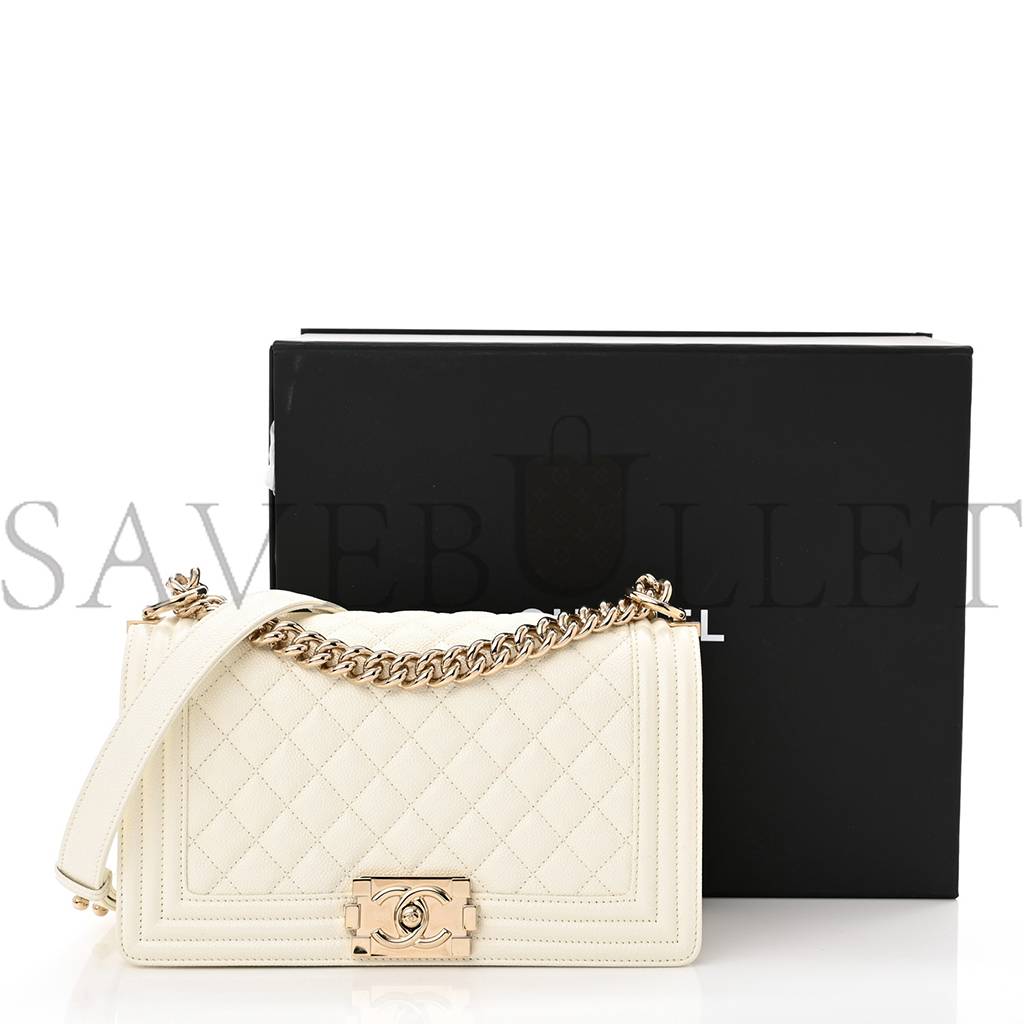 CHANEL CAVIAR QUILTED MEDIUM BOY FLAP WHITE ROSE GOLD HARDWARE (25*15*10cm)