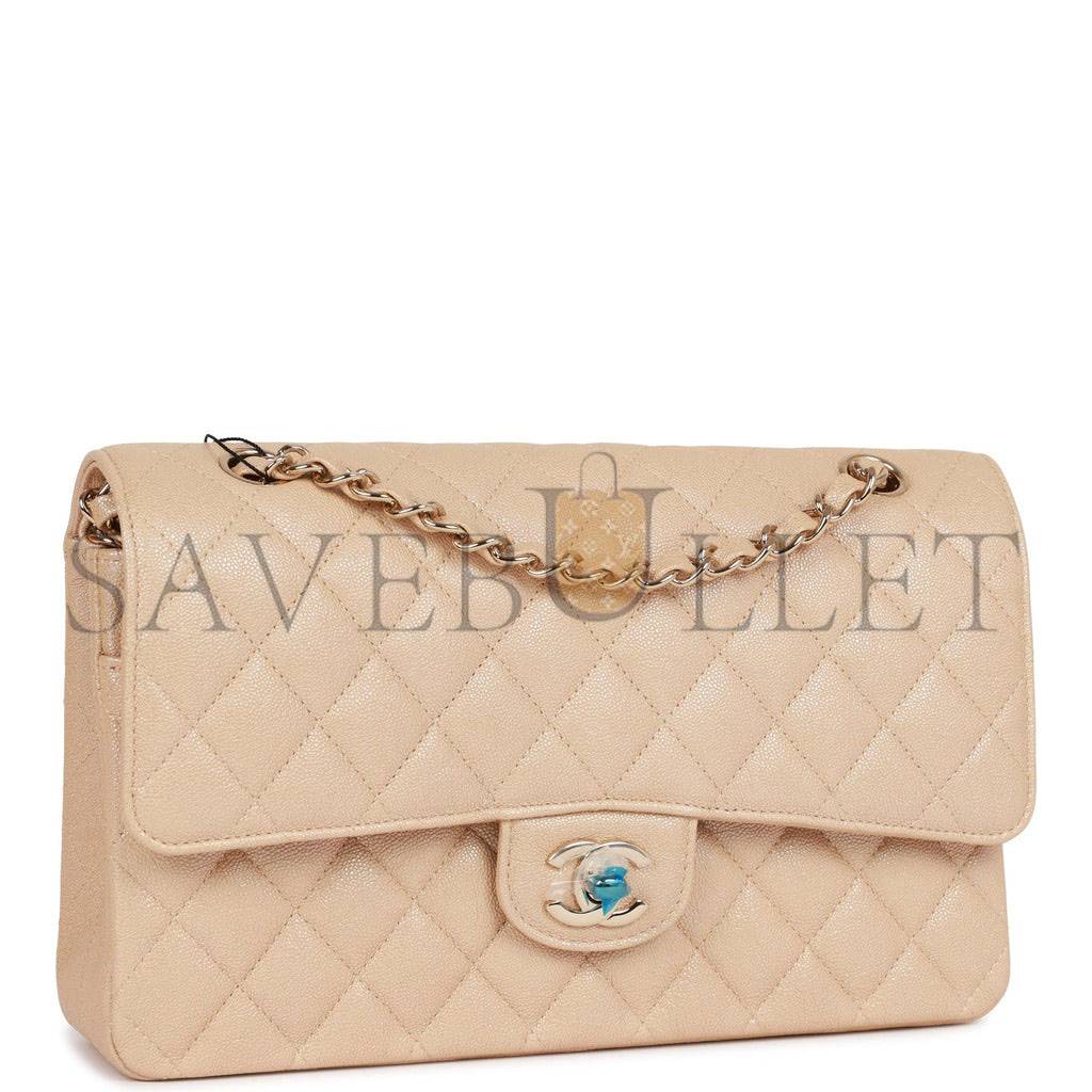 CHANEL MEDIUM CLASSIC DOUBLE FLAP BAG BEIGE IRIDESCENT CAVIAR LIGHT GOLD HARDWARE (25*15*7cm)