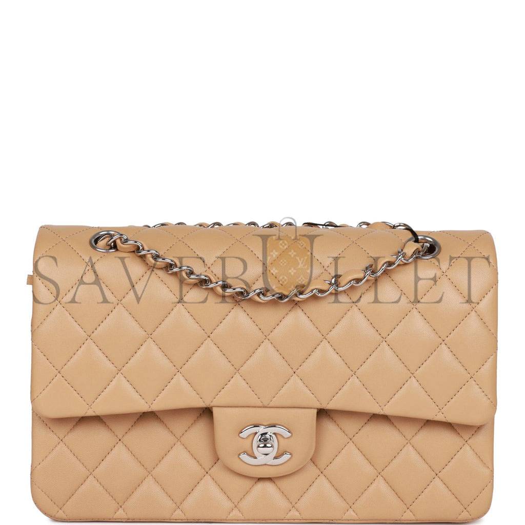 CHANEL MEDIUM CLASSIC DOUBLE FLAP BAG BEIGE LAMBSKIN SILVER HARDWARE (25*15*7cm) CHANEL MEDIUM CLASSIC DOUBLE FLAP BAG BEIGE LAMBSKIN SILVER HARDWARE (25*15*7cm)