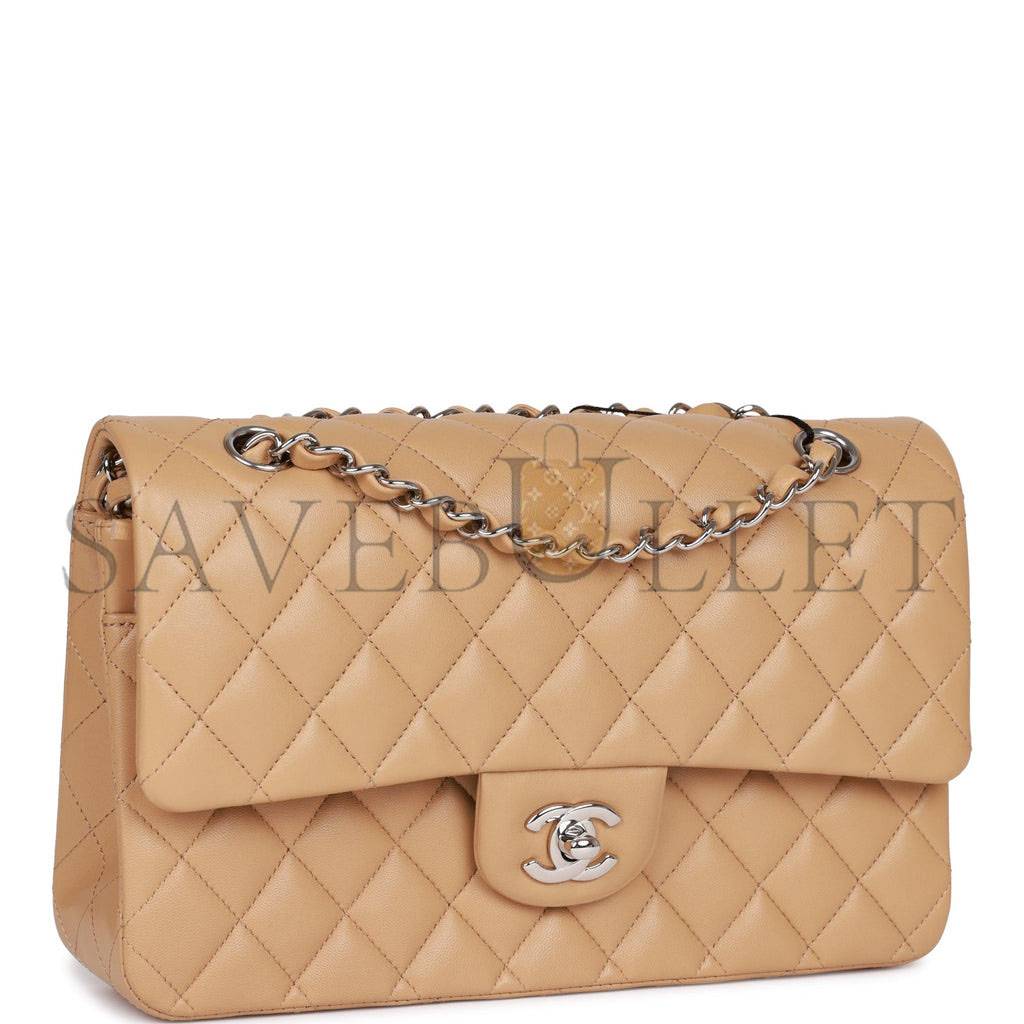 CHANEL MEDIUM CLASSIC DOUBLE FLAP BAG BEIGE LAMBSKIN SILVER HARDWARE (25*15*7cm) CHANEL MEDIUM CLASSIC DOUBLE FLAP BAG BEIGE LAMBSKIN SILVER HARDWARE (25*15*7cm)