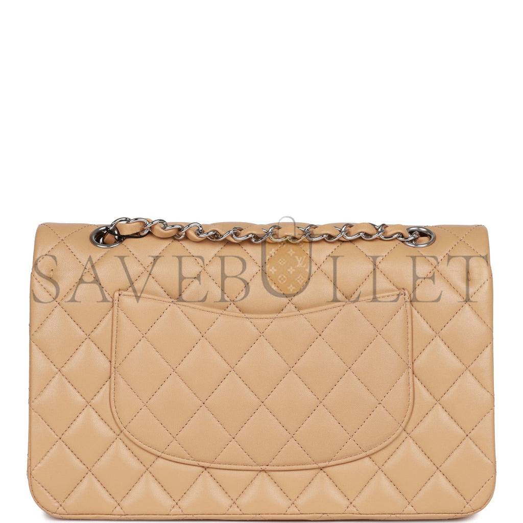 CHANEL MEDIUM CLASSIC DOUBLE FLAP BAG BEIGE LAMBSKIN SILVER HARDWARE (25*15*7cm) CHANEL MEDIUM CLASSIC DOUBLE FLAP BAG BEIGE LAMBSKIN SILVER HARDWARE (25*15*7cm)