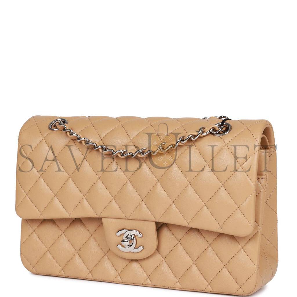 CHANEL MEDIUM CLASSIC DOUBLE FLAP BAG BEIGE LAMBSKIN SILVER HARDWARE (25*15*7cm) CHANEL MEDIUM CLASSIC DOUBLE FLAP BAG BEIGE LAMBSKIN SILVER HARDWARE (25*15*7cm)