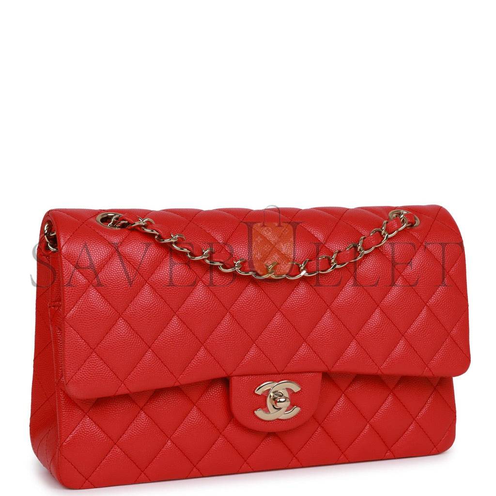 CHANEL MEDIUM CLASSIC DOUBLE FLAP BAG RED CAVIAR LIGHT GOLD HARDWARE (25.5*15.5*6.5cm)