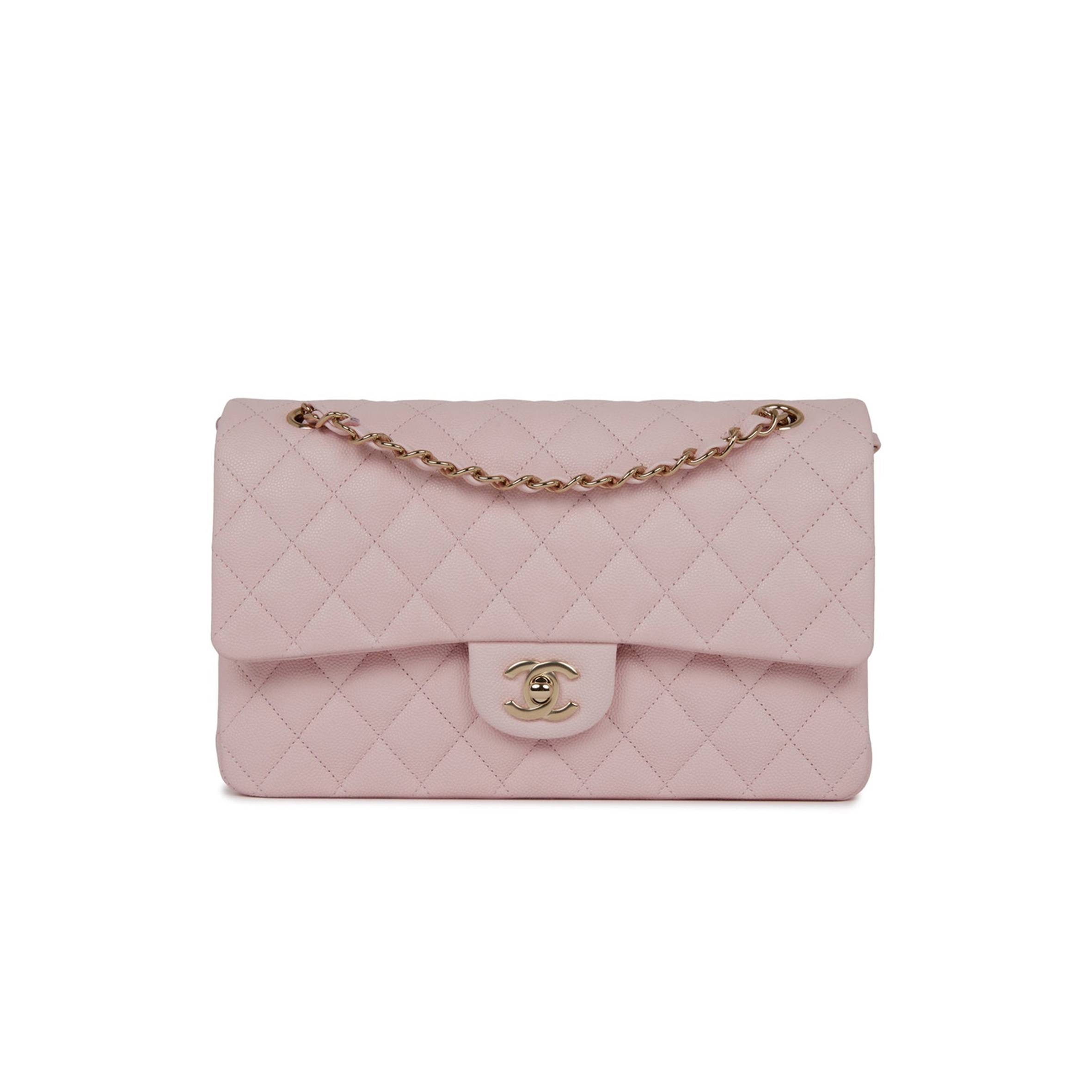 CHANEL MEDIUM CLASSIC DOUBLE FLAP BAG LIGHT PINK CAVIAR LIGHT GOLD HARDWARE (25.5*15.2*7cm)