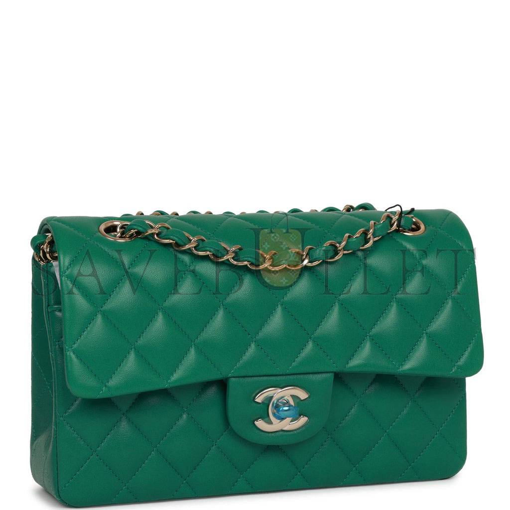 CHANEL SMALL CLASSIC DOUBLE FLAP BAG GREEN LAMBSKIN LIGHT GOLD HARDWARE (23*13*6cm)