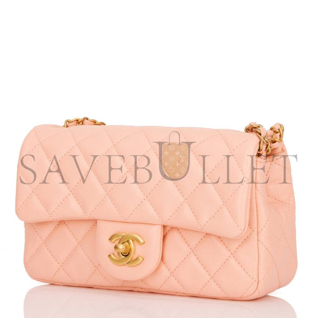 CHANEL PEARL CRUSH MINI RECTANGULAR FLAP BAG PEACH LAMBSKIN ANTIQUE GOLD HARDWARE (20*13*6cm)