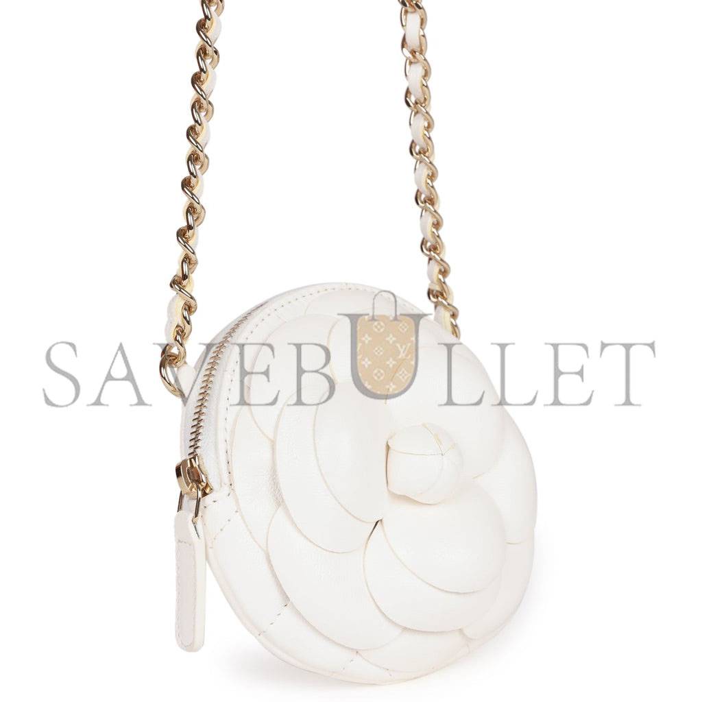 CHANEL CAMELLIA CLUTCH WITH CHAIN WHITE LAMBSKIN LIGHT GOLD HARDWARE (13*13*5cm)