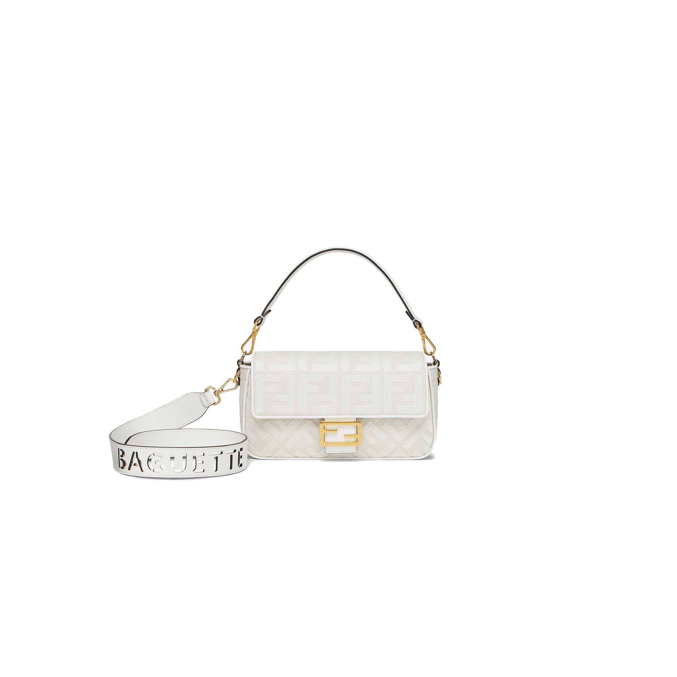 FENDI BAGUETTE - WHITE FF CANVAS BAG 8BR600AMCDF1CFK (27*15*6cm)