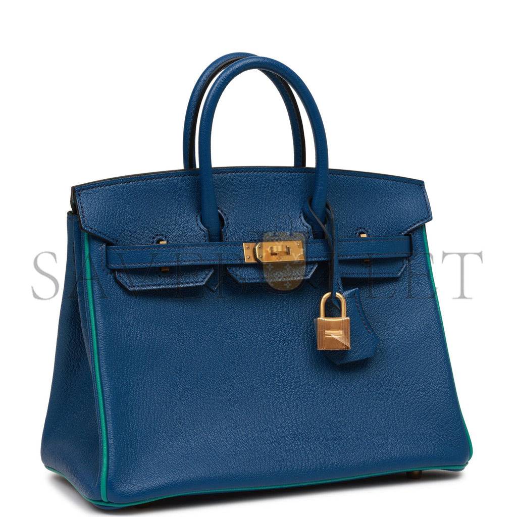 HERMES SPECIAL ORDER (HSS) BIRKIN 25 BLEU SAPHIR AND VERT VERTIGO CHEVRE BRUSHED GOLD HARDWARE HANDMADE (25.cm)