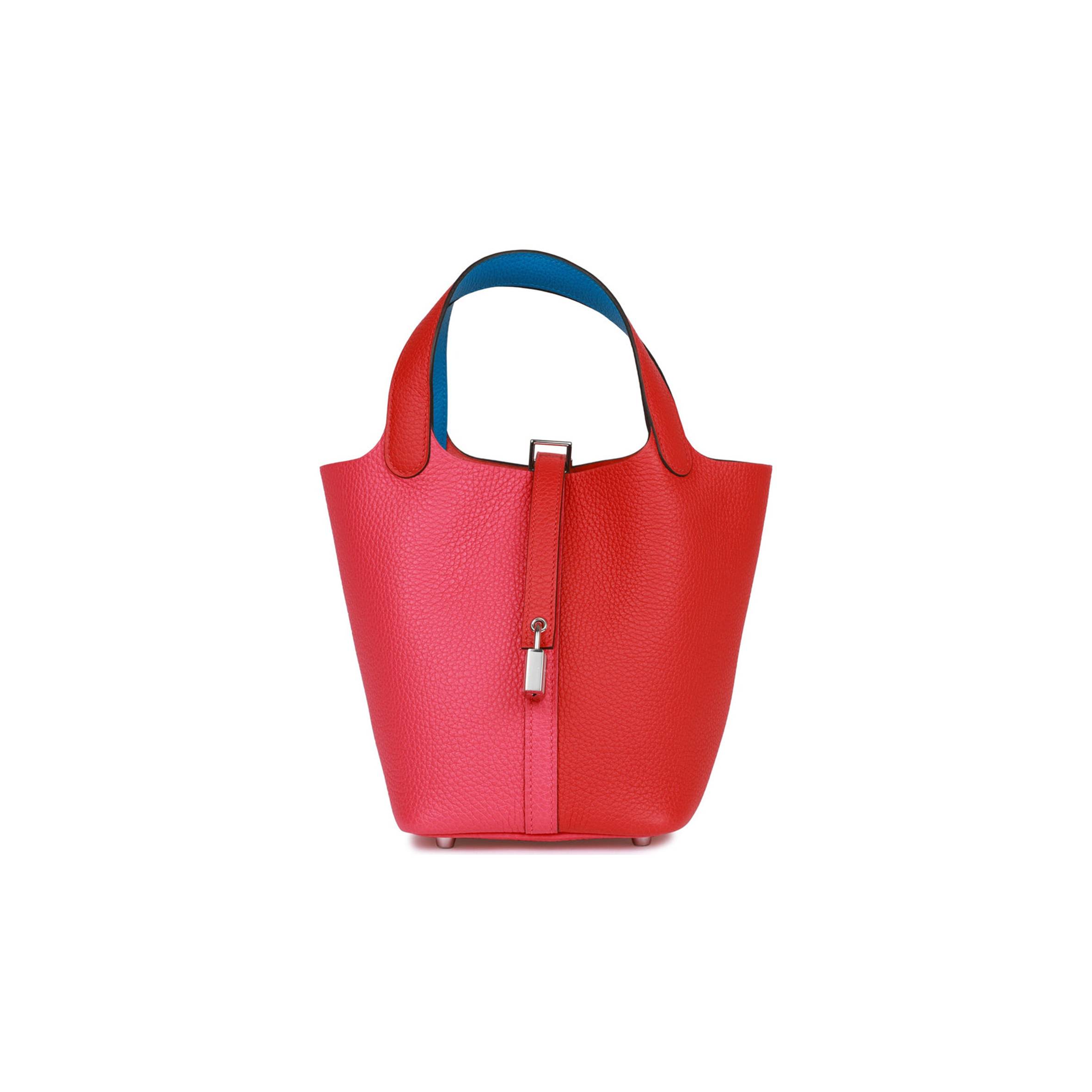 HERMES PICOTIN LOCK 18 CASAQUE ROUGE DE COEUR, ROSE EXTREME AND BLEU ZANZIBAR CLEMENCE PALLADIUM HARDWARE (18*13*18cm)