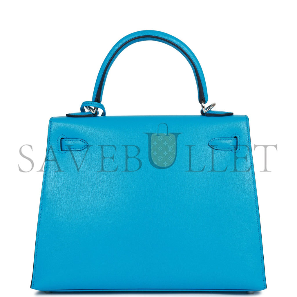 HERMES KELLY SELLIER 25 BLEU FRIDA CHEVRE PALLADIUM HARDWARE (25*17*7cm)