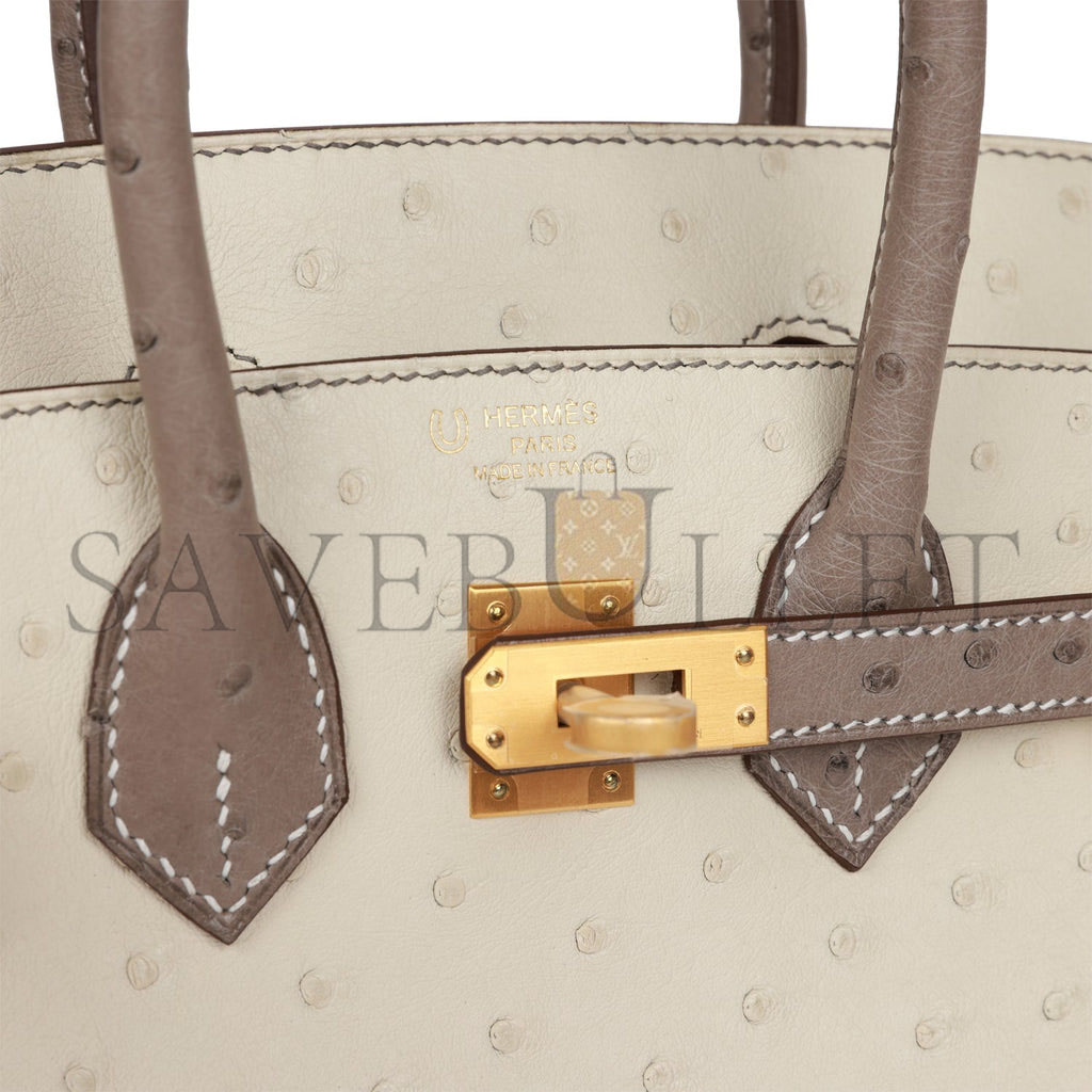 HERMES SPECIAL ORDER (HSS) BIRKIN 25 BETON AND GRIS ASPHALTE OSTRICH BRUSHED GOLD HARDWARE HANDMADE (25cm)