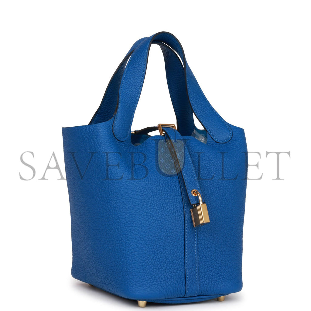 HERMES PICOTIN LOCK 18 BLEU FRANCE CLEMENCE GOLD HARDWARE (18*13*18cm)