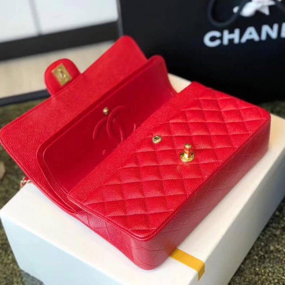 CHANEL CLASSIC FLAP SMALL RED CAVIAR LEATHER GOLD HARDWARE (23*14.5*6cm)