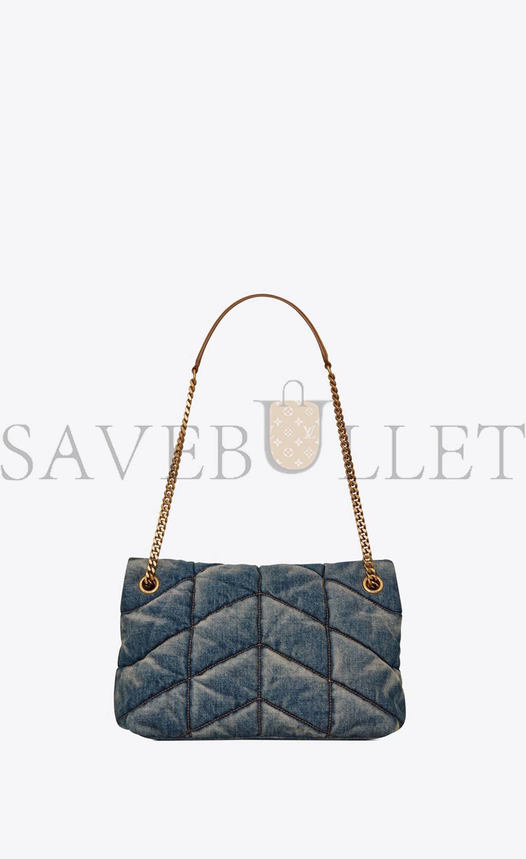 YSL PUFFER SMALL CHAIN BAG IN QUILTED VINTAGE DENIM AND SUEDE 5774762PT674575 (29*17*11cm)