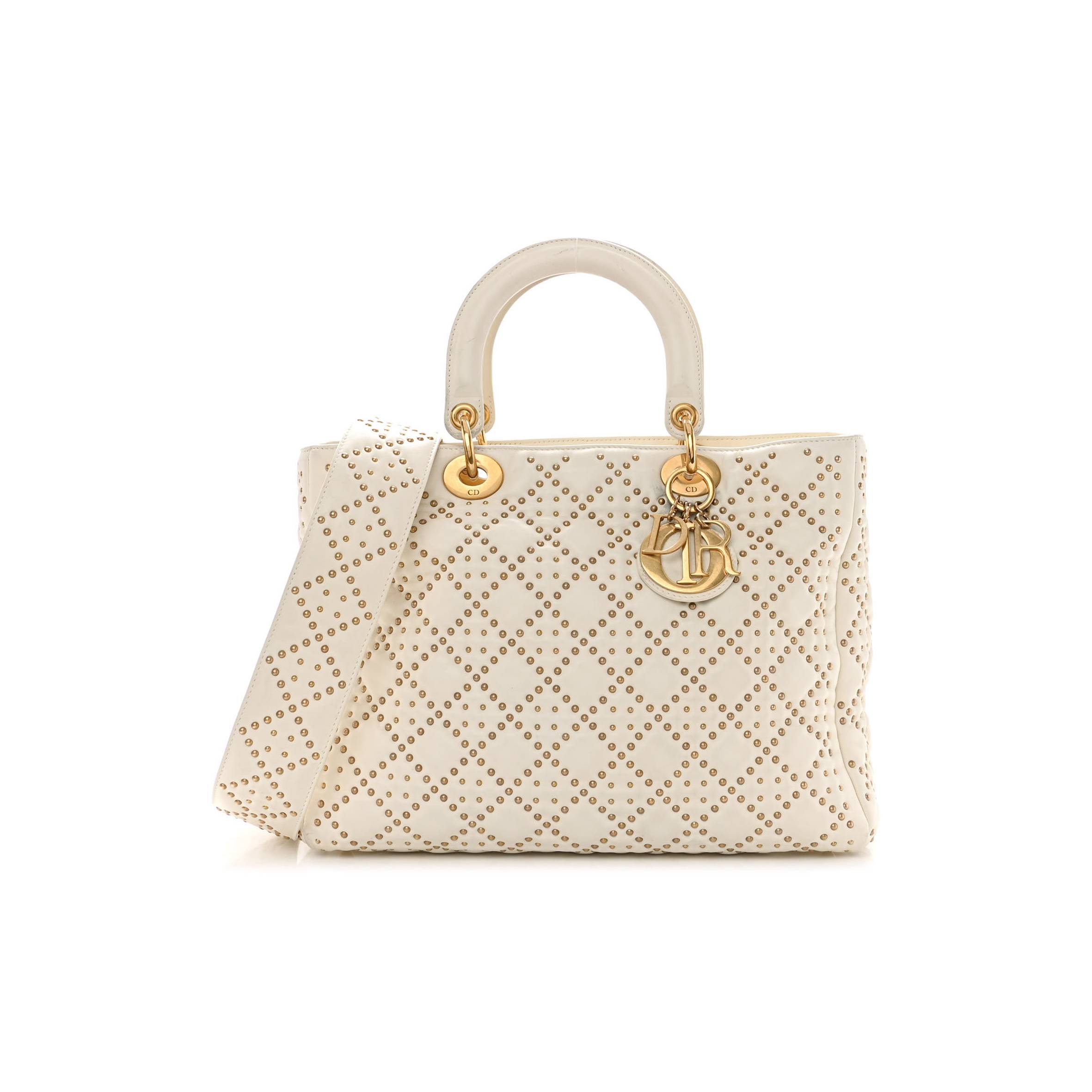 DIOR LAMBSKIN CANNAGE STUDDED LARGE SUPPLE LADY DIOR WHITE (30*25*11.4cm) DIOR LAMBSKIN CANNAGE STUDDED LARGE SUPPLE LADY DIOR WHITE (30*25*11.4cm)